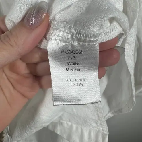 Womens Button Down Top L White Cotton Roll Tab Sleeve Minimal Coastal Grandma Size M