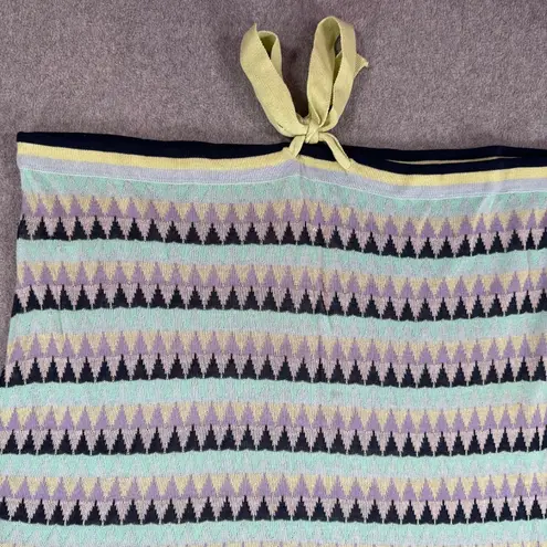 Fate Short Sleeve Tie Waist Knit Top Women's Medium Blue Green Stripe Linen Blen