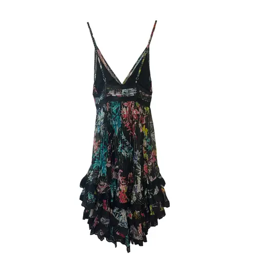 Rococo Sand Metallic Moonlight Print Ruffle Mini Dress Black Multicolor Sz Small