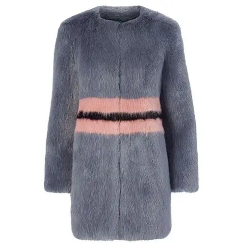 Shrimps Frederica Blue Pink Black Striped Colorblock Agnes Faux Fur Long Coat Size 10