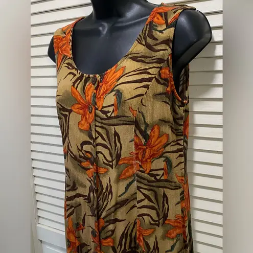 Dressbarn Tank Dress Floral Tiger Print Button Down Front Slits Maxi Size 10 Orange