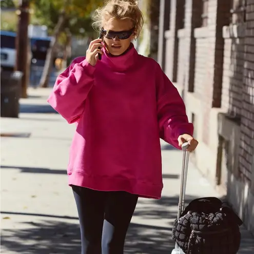 Free People A Cut Above Mock Neck Pullover Sweatshirt Candy Pink Large