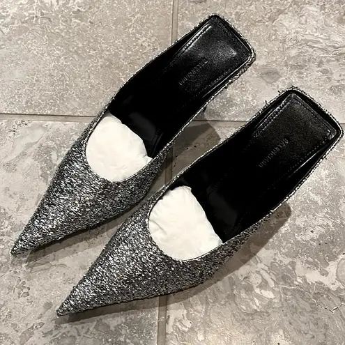 Balenciaga Knife Glitter High Heel Mules in Silver Titanium Size 37 New +DustBag