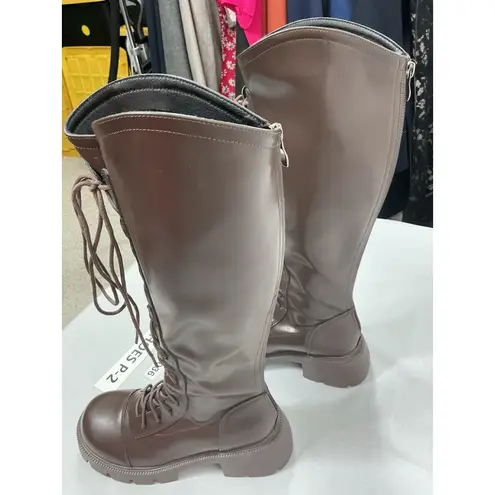 Womans Knee High Combat Boots Brown Eu 37 Us 6.5/7 Lace Up Back Zip NWOT