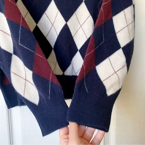 Doen Harlequin Cashmere Sweater Diamond Cream Navy Argyle Medium EUC Blue