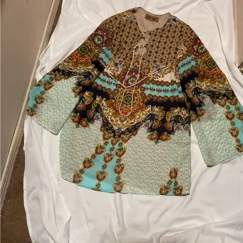 Karen Zambos Tie Up Front Long Sleeve Dress with Beige Underlay Size Large Blue