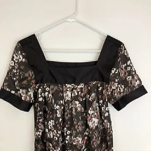 Apostrophe Brown Tan Coral Pink Floral Satin Square Neck Short Sleeve Blouse S