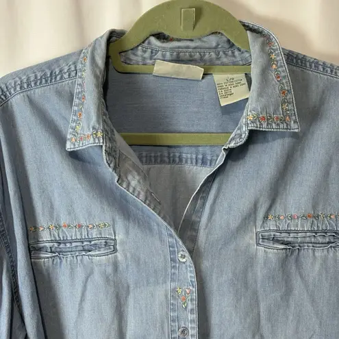 Northern Reflections Vtg 90s Northern Reflection Women L Denim Shirt Embroidery Dainty Floral Cottage