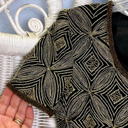 Papell Boutique Vintage 90s Evening Silk Beaded Top S Black Gold Holiday Glam