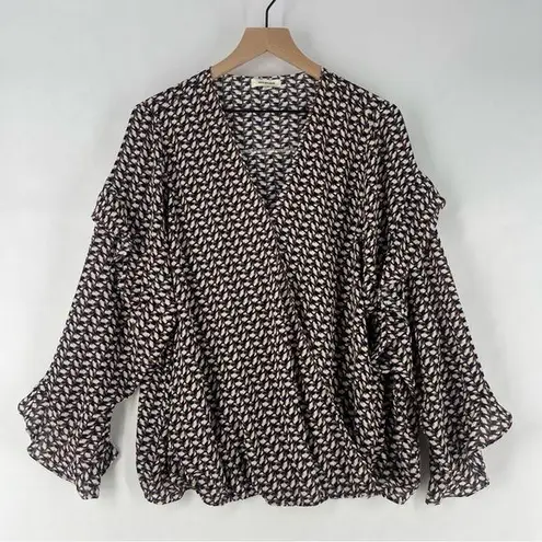 Max Studio  Chiffon Multicolor Geometric Print Faux Wrap VNeck Ruffle Trim Blouse - Image 1