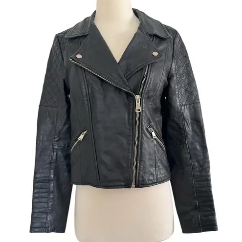 River Island Vintage Quilted Leather Moto Biker Black Jacket Size UK 12 US 8