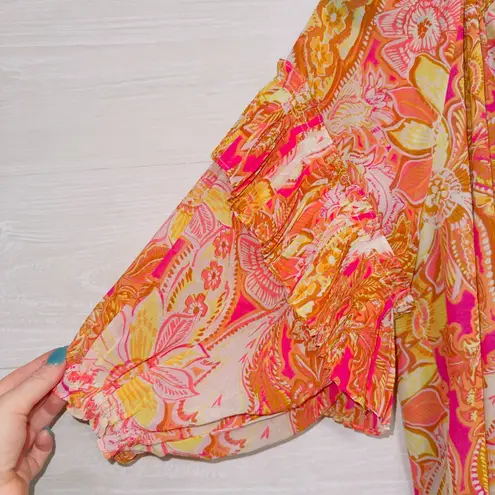 Dress Forum Women's Size Small Orange Floral Print Chiffon Ruffle Sleeve Top