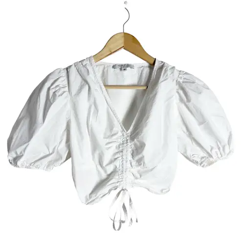 Derek Lam White Poplin Puff Sleeve V-Neck Ruched Tie Crop Top Size US 2
