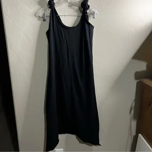 Spicy Green Mango Black Jersey Knot Tie Shoulder Raw Hem Lagenlook Dress