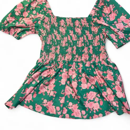 JODIFL 🌸 Peplum Smock Top | Green & Pink Floral | Size M | Flirty & Fun! 🌿🌷