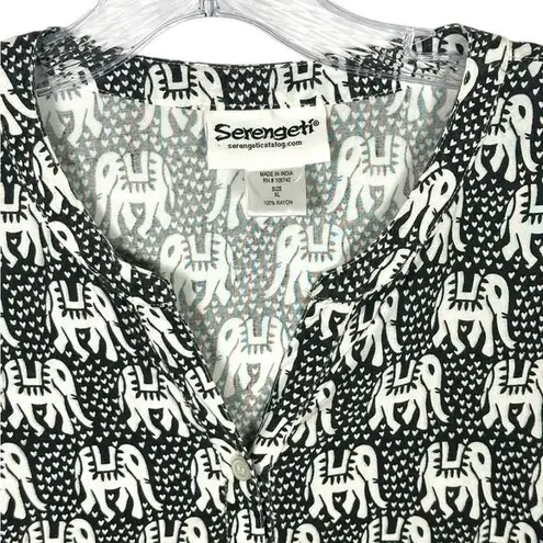 Serengeti Womens XL Elephant Print V Neck Tunic Top Rayon Made In India Boho Black
