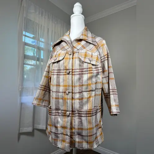 Vintage ‘70s Handmade Beige, Gold & Brown Plaid Button Front Lightweight Jacket Size XL