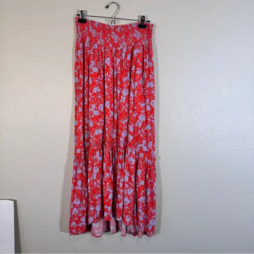 Free People  Red Blue Floral Tiered Maxi Skirt Boho Women’s M Festival Beachy