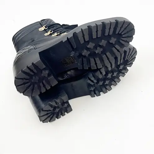 Karl Lagerfeld Pervot Black Leather Round Toe Side Zip Quilted Combat Boots 6