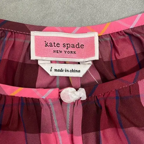 Kate Spade  Pink Plaid Long Sleeves Greenhouse Top Large $268 NWT Preppy Holiday