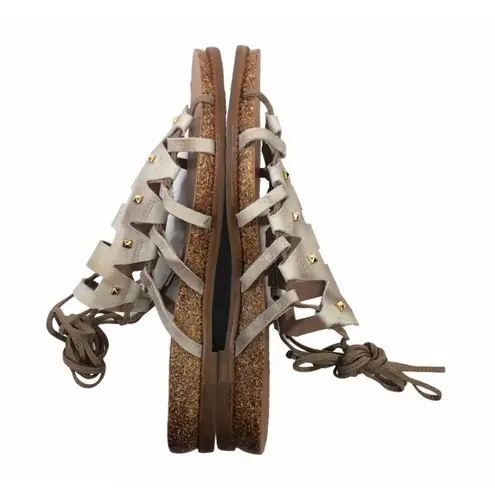 Klub Nico Gladiator Sandal Studded Leather Lace Up Cork Flat Beige Womens Size 8 Tan