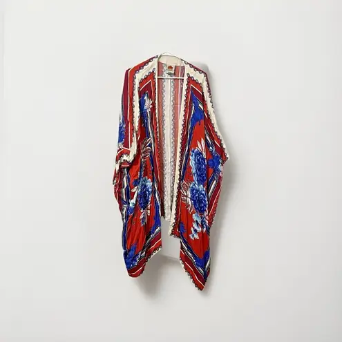 Farm Rio Macaw Scarf Kimono Duster floral stripe red blue shawl Size Large