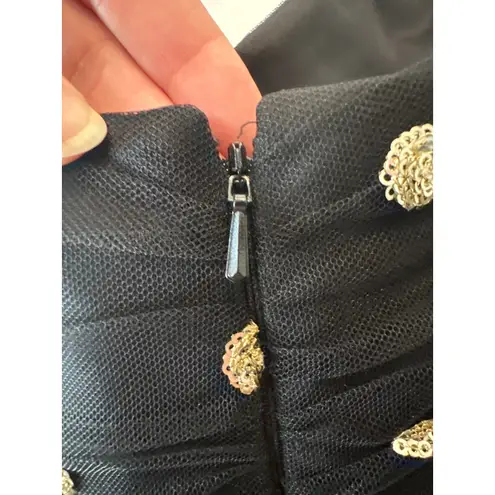 Marchesa Notte Strapless Black Gold Sequin Polka Dot Tulle Midi Dress 8 NWT