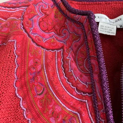 Vintage UMI Collections Anne Crimmins Embroidered Red Zip Cardigan M Boho Artsy Size M