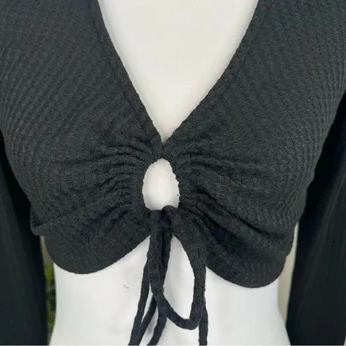 Elodie Black Knit Super Cropped Keyhole Top long Sleeve NEW Size XS