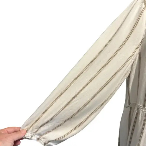 Fever Women's Tunic Blouse Top SZ XL Peasant Sleeve Cream Crochet Stripe Boho Brown