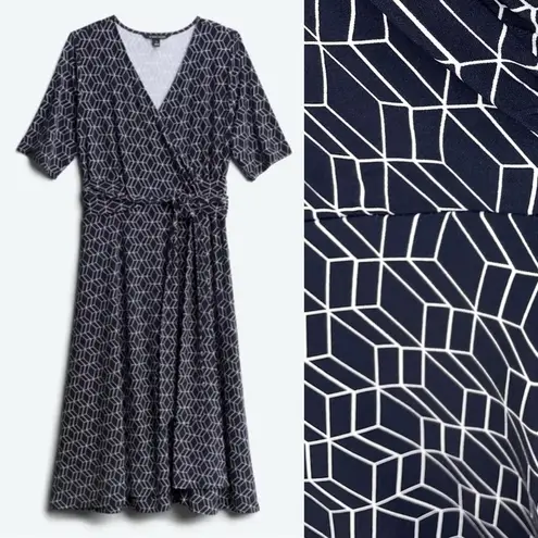 Stitch Fix NEW 41 Hawthorn Kaitlyn Surplice Faux Wrap Tie Waist Midi Dress Navy Geo Plus