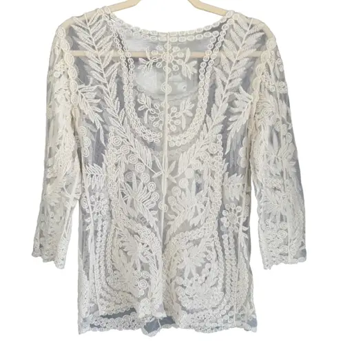 A2 Lace Tunic Top, Sheer Floral Crochet, Bohemian Blouse, Romantic Chic White Size M
