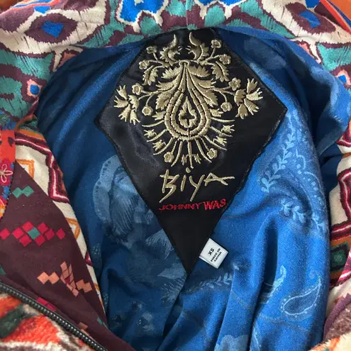 Johnny Was Biya Sasha Full Zip Orange Floral Boho Hooded Long Sherpa - XS