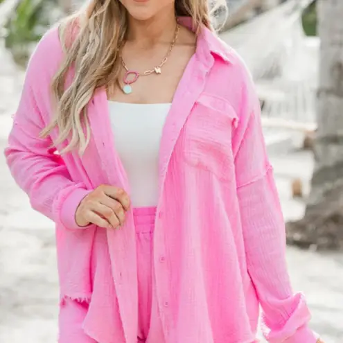 Pink Lily Button Front Gauze Blouse