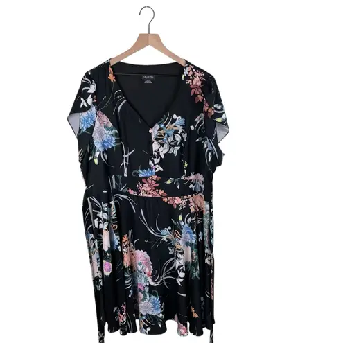 City Chic Flourished Floral Dress Size XL 22 Fit & Flare Black V-Neck Botanical