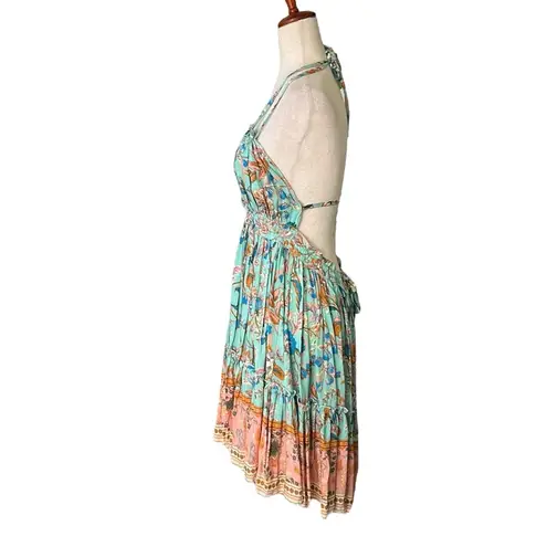 R.Vivimos Halter Deep V Neck Sexy Patchwork Mini Dresses Blue Size L