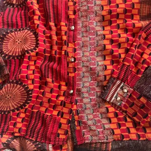 Sans Souci  Orange Black Red Aztec Long Sleeve Button‎ Down Sheer Top Size Large