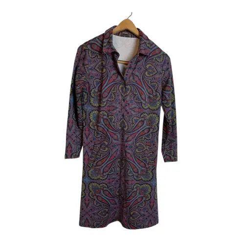 Womens Paisley Print Long Sleeve Collared Button Front Midi Dress Size Small Purple