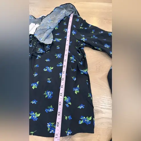 We Wore What black blue floral ruffle long sleeve top medium NWT