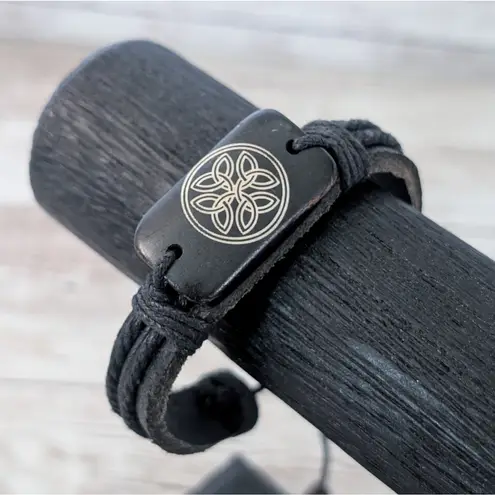 Leather? Tie Bracelet with Celtic Like Charm Black