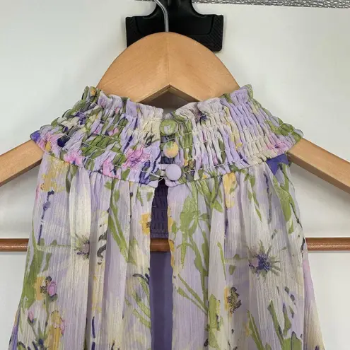 Taylor Serena Floral Chiffon Smocked Maxi Dress sz 8 High Ruffle Neck Sleeveless Purple