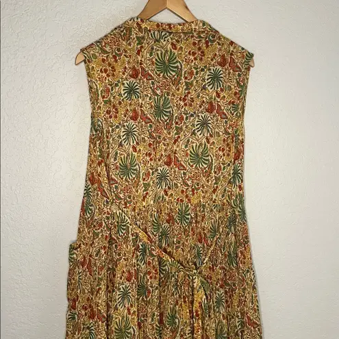 April Cornell Midi Dress Sleeveless Fall Butterfly Cottage Peasant Gauzy Pocket Gold Size L