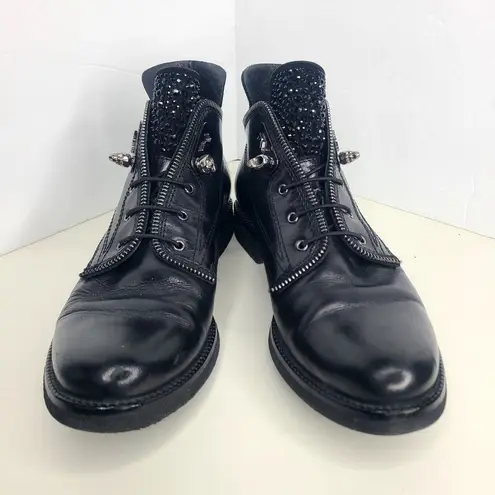 Nursace Womens Black Leather Slip On Rhinestone Ankle Boots Booties Sz EU 37