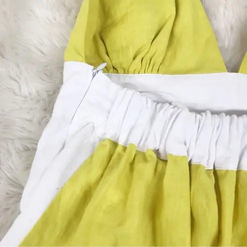 FANM MON Yamile 100% Linen Halter Midi Dress Floral Embroidered Yellow XL New