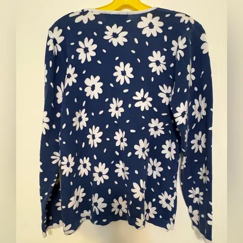 Cathy Daniels Blue White Daisy Floral Zip Up Cardigan Sweater Small 100% Cotton
