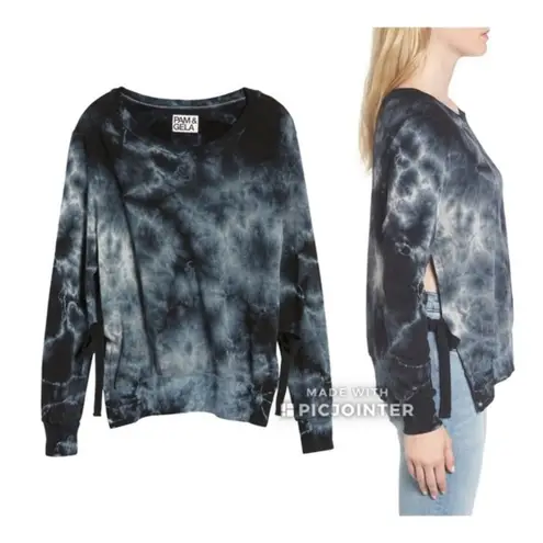 Pam & Gela NWT Tie Dye Tie Side Sweatshirt Black P Blue Open Side Athletic