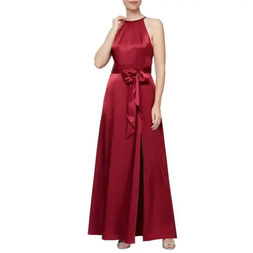 Alex Evenings Wine Red Satin Evening Gown Size 12 A-Line Halter Formal Dress