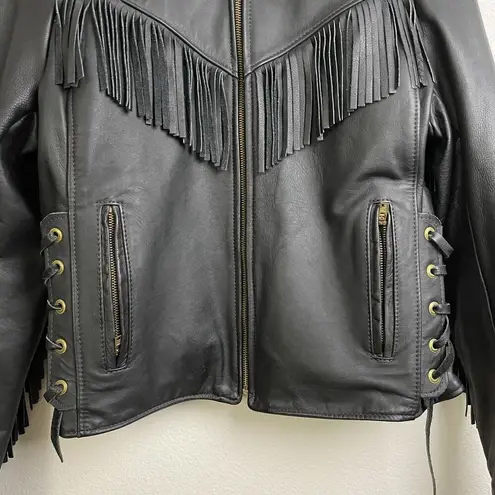 Vintage California Creations Heavy Leather Biker Jacket Womens 16 Black Fringe