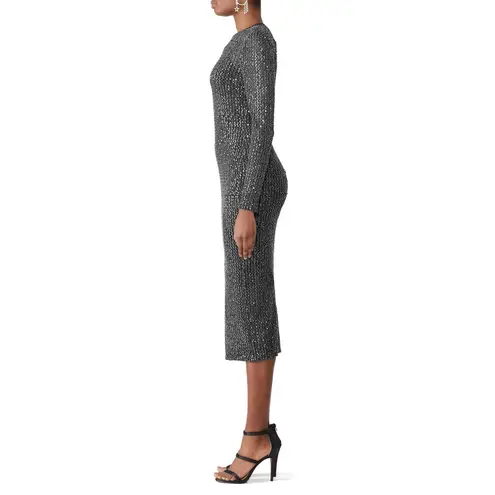 Rachel Roy Charcoal Silver Sequined Long Sleeve Cocktail Party Midi Dress Sz XS Black