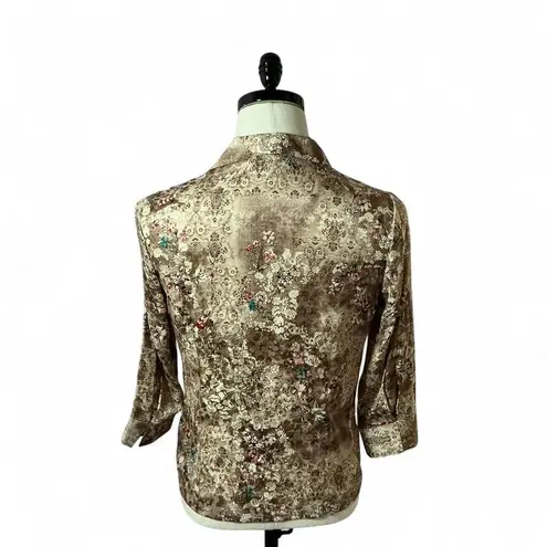 Vintage Silk Floral Print Button Down Top Long Sleeve Brown Beige Shirt